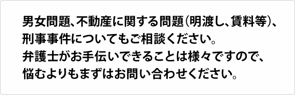 男女問題、不動産に関する問題（明渡し、賃料等）、刑事事件についてもご相談ください。弁護士がお手伝いできることは様々ですので、悩むよりもまずはお問い合わせください。